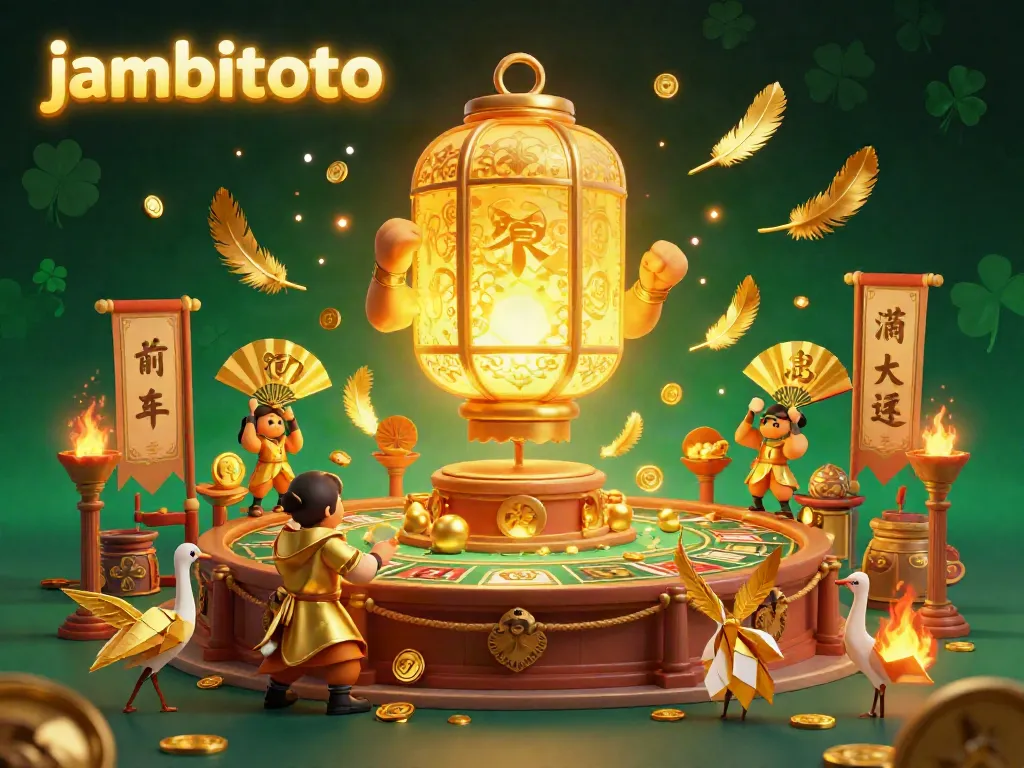 Experience the excitement at jambitoto with a glowing golden lantern spirit above a bustling casino scene.