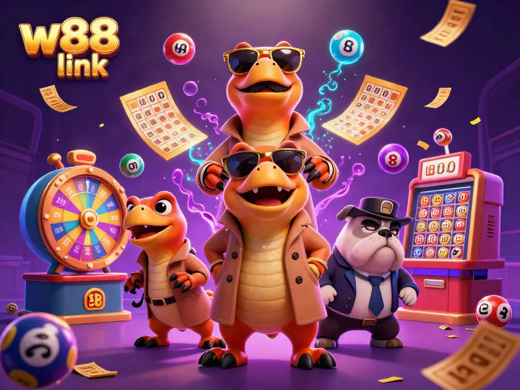 Engage with the vibrant w88 link scene featuring raptors in disguise, lottery elements, and eye-catching casino graphics.