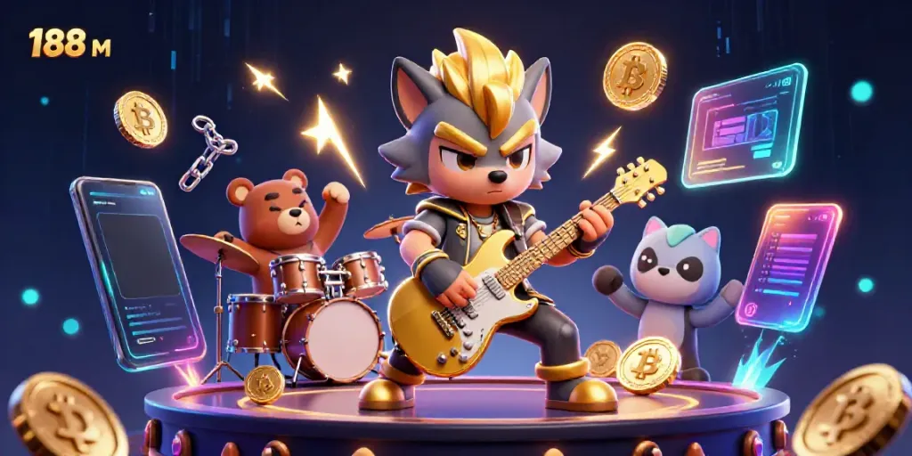 Engage with 188 M in an exciting casino scene featuring a rock star wolf and a drummer bear.
