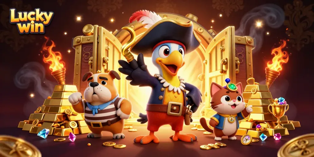 Engage in thrilling adventures at Lucky win with casino-themed 3D characters and dazzling treasures.
