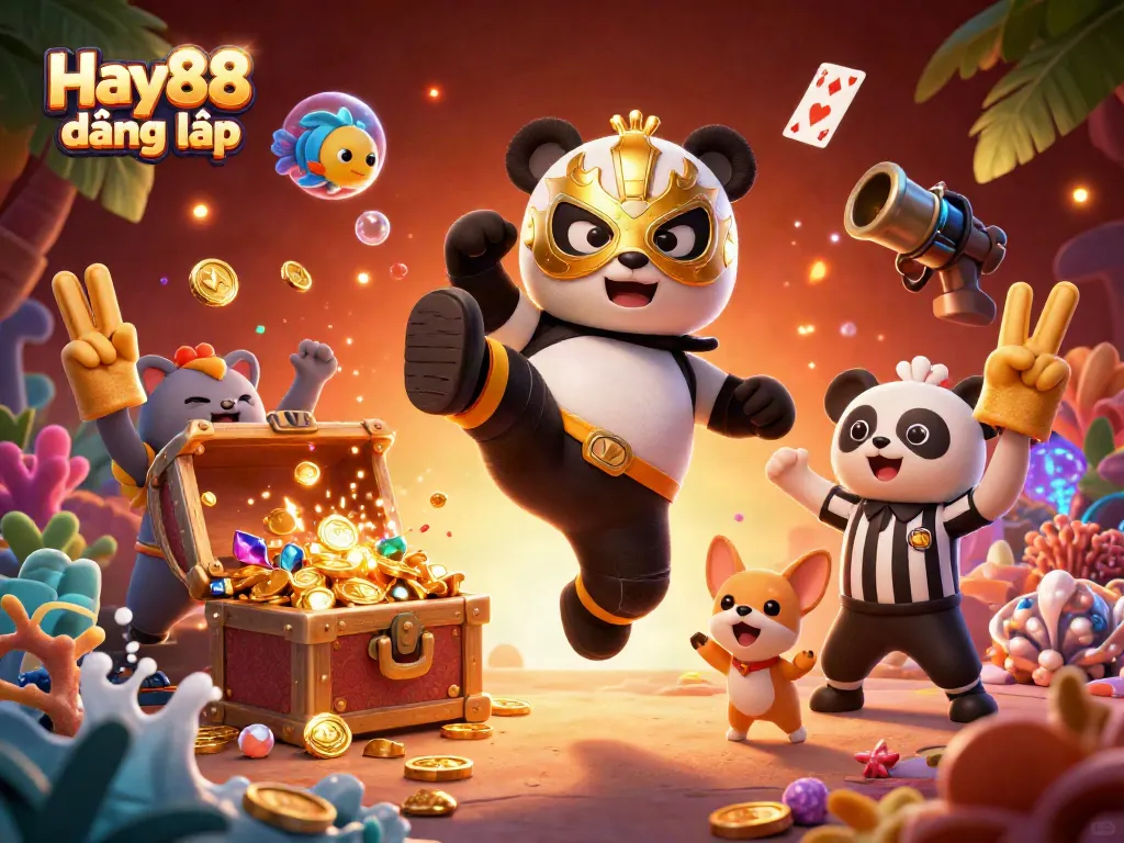 Join the excitement with Hay88 đăng nhập, featuring a panda wrestler in action amid a vibrant casino atmosphere.
