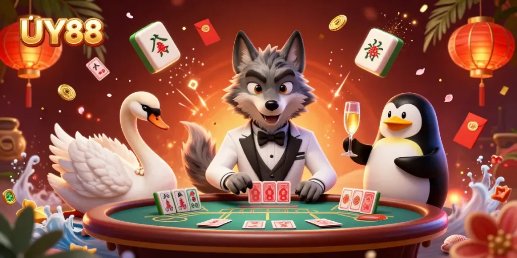 Experience excitement with UY88's vibrant gambling scene featuring a debonair wolf, swan dealer, and penguin sommelier.