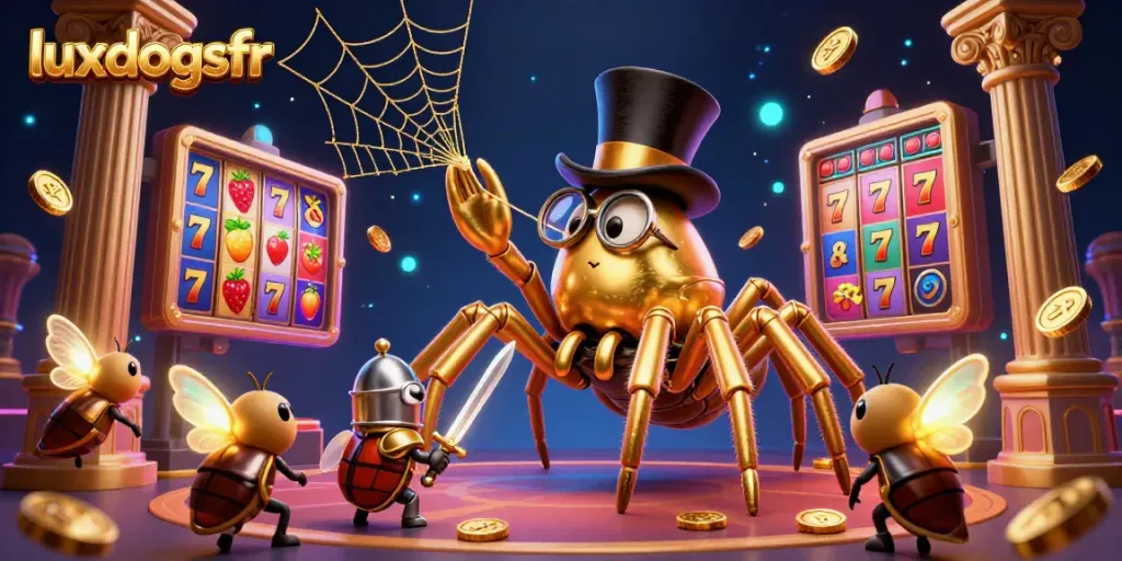 Experience the thrill of winning with luxdogsfr in this vibrant casino-themed illustration.