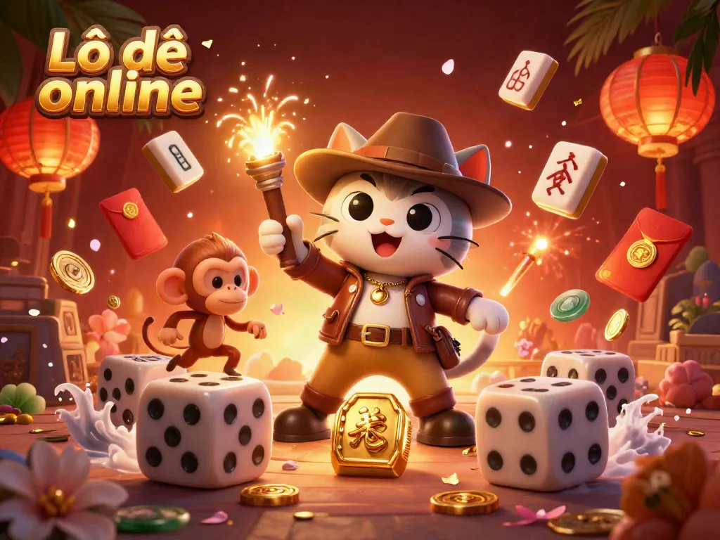 Lô đề online showcases a vibrant 3D scene with an archaeologist cat and monkey amidst casino treasures, exemplifying luck and excitement.