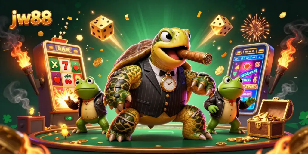 Experience jw88's vibrant casino world with a snapping turtle mobster and winning slot jackpots.
