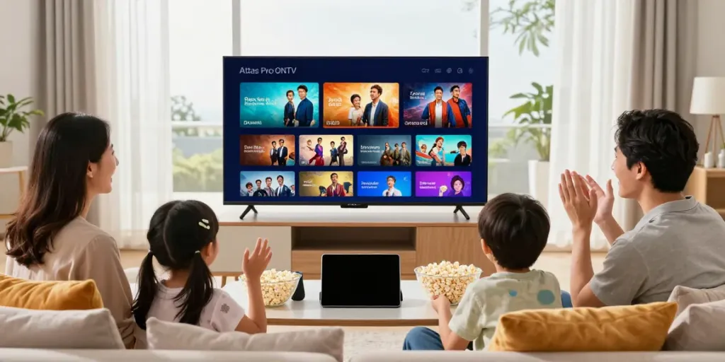 Téléchargement de l'application Atlas Pro ONTV par une famille dans un salon moderne.