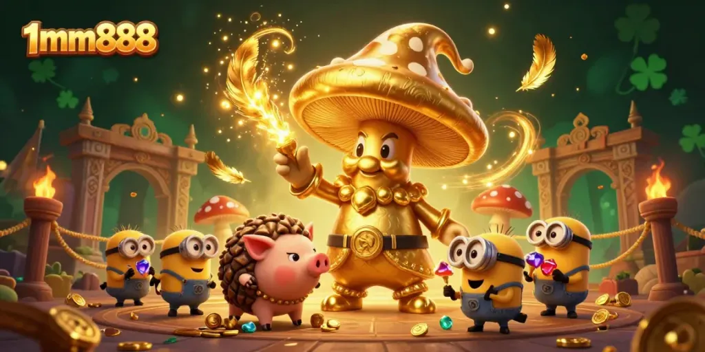 Experience the excitement of the 1mm888 online casino with vibrant characters and dynamic elements in a magical setting.