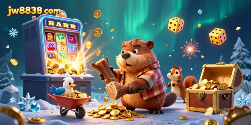 Experience the excitement of jw8838 com with a lively casino scene featuring a beaver and friends surrounded by festive gaming elements.