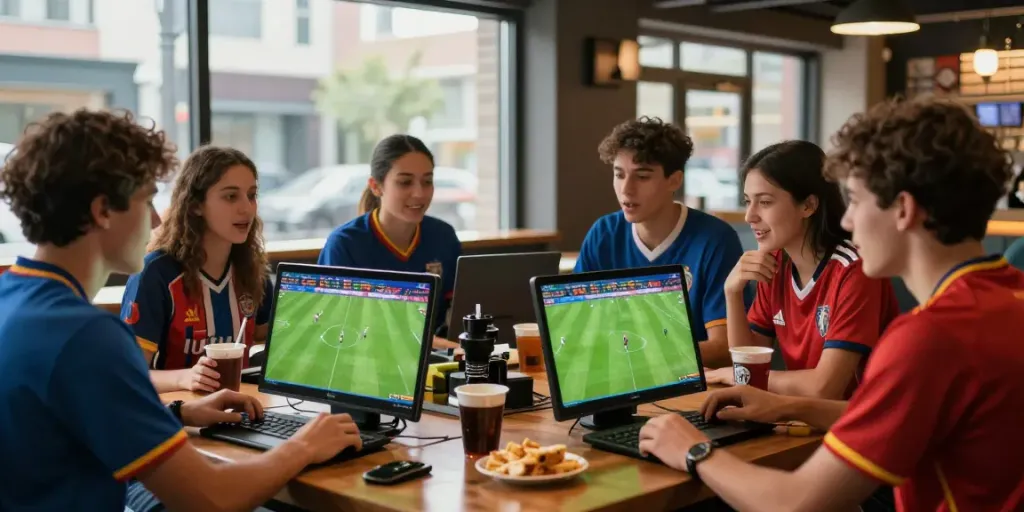 Vrienden genieten van paris sportifs tijdens een live voetbalwedstrijd in een sportbar.