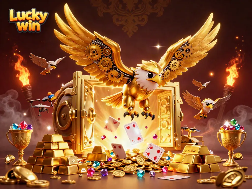 Engage in exciting games at Lucky win, showcasing a golden eagle diving through holographic cards, symbolizing thrilling casino action.