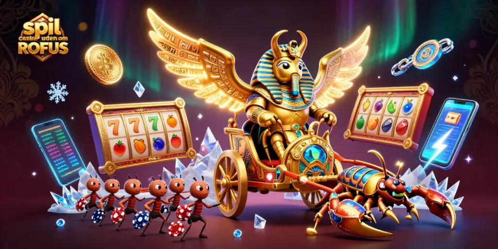 Engage in spil casino uden om ROFUS with vibrant visuals of a golden scarab and rich casino elements.