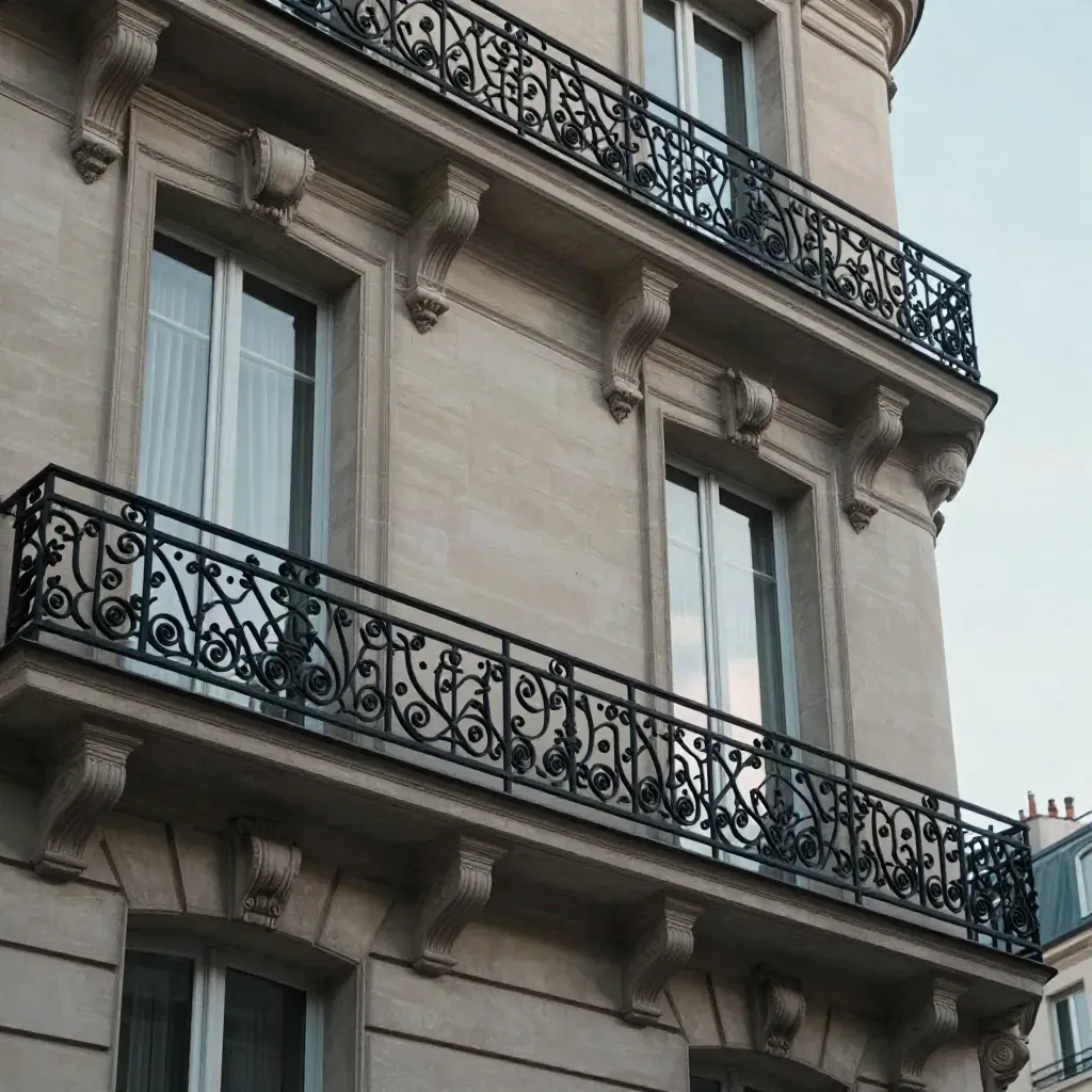 Façade haussmannienne lumineuse avec balcon filant et rideaux clairs, vue en contre-plongée.