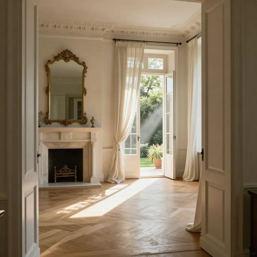 Séjour en pierre blonde traversé par un rayon de soleil, porte-fenêtre ouverte sur le jardin.