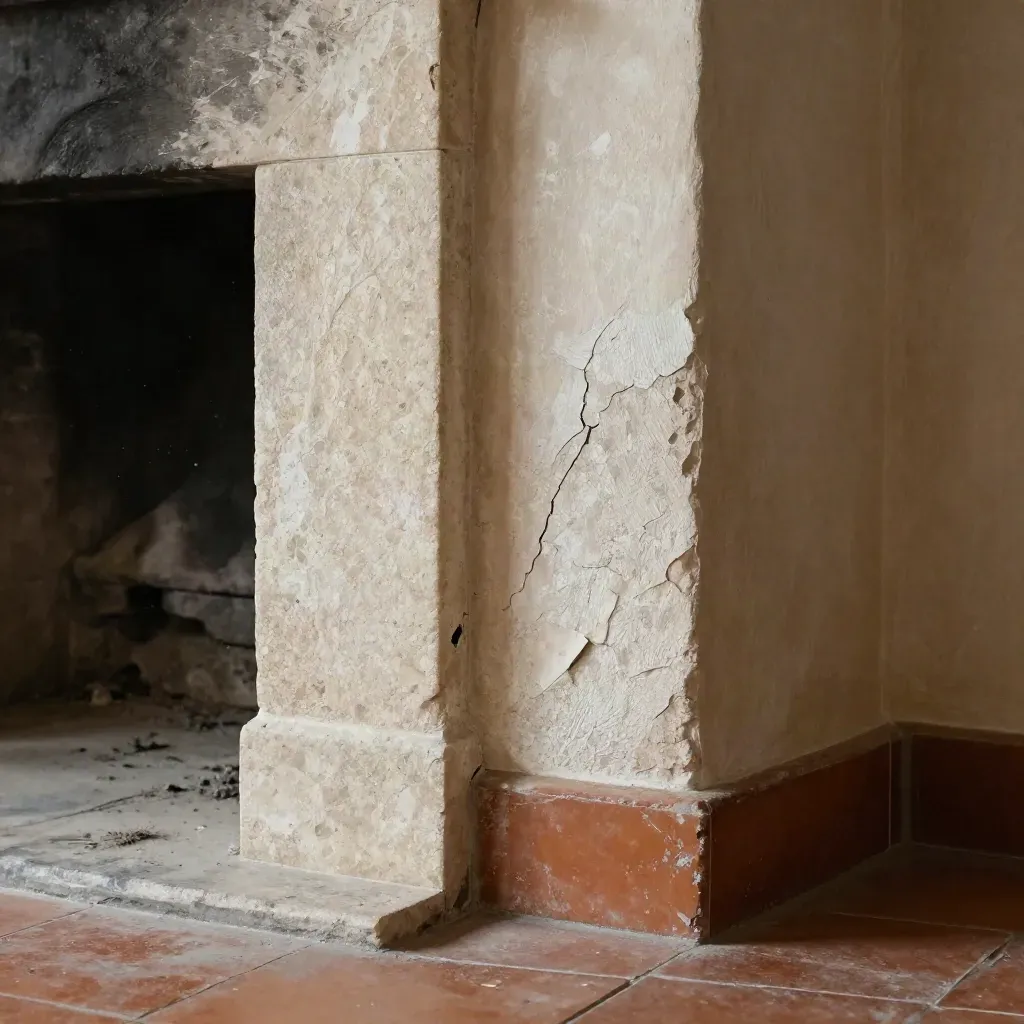 Angle de mur ancien avec pierre, enduit vieilli, tomettes et cheminée, lumière douce et poussière.