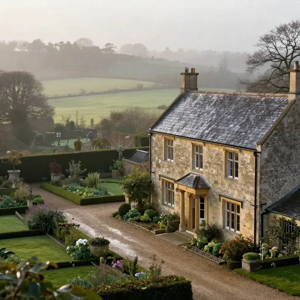 Maison de campagne en pierre, jardin mouillé et brume qui se lève sur la campagne.