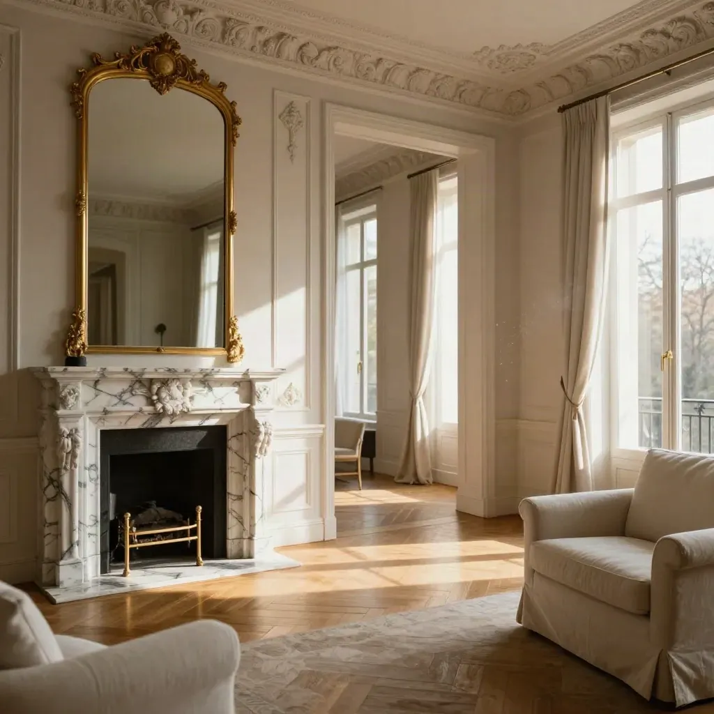 Salon haussmannien lumineux avec moulures, parquet et cheminée, vu en angle bas.