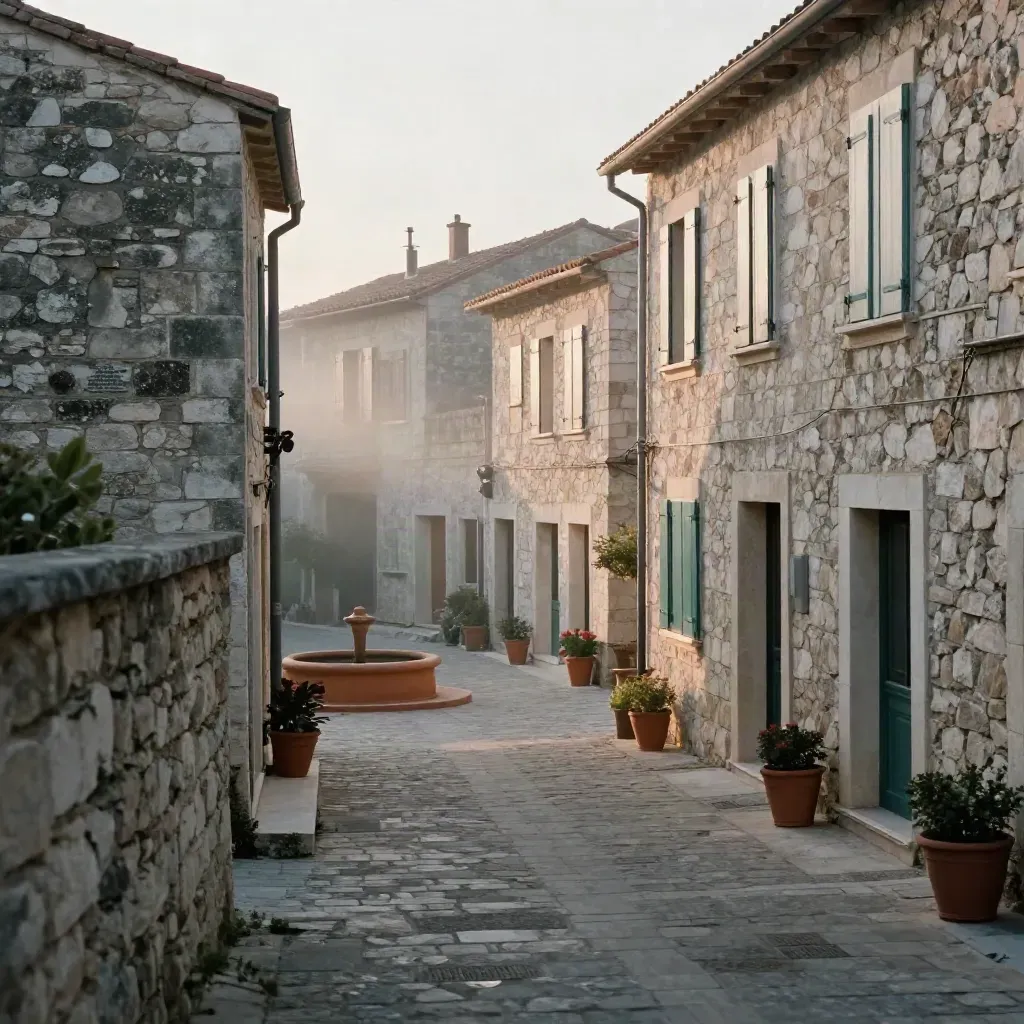 Village en pierre au petit matin, ruelle étroite et place centrale dans la brume.