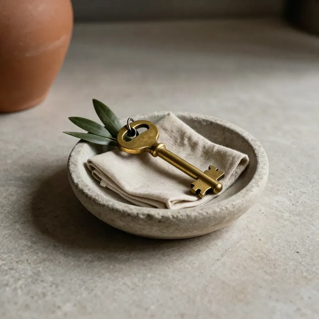 Trousseau de clés en laiton dans une coupe en pierre, avec feuille d’olivier et lin.