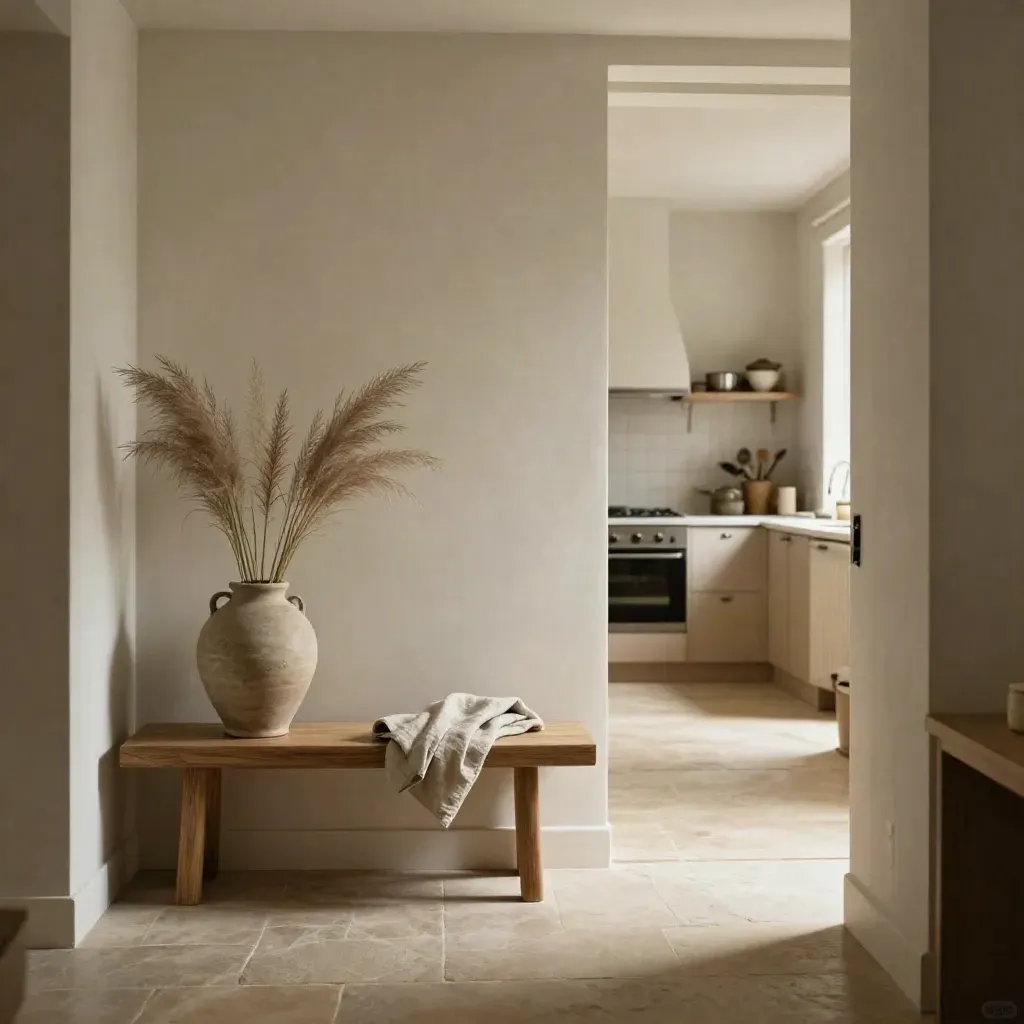 Entrée d’appartement lumineuse, banc, vase de graminées et cuisine ouverte floue.