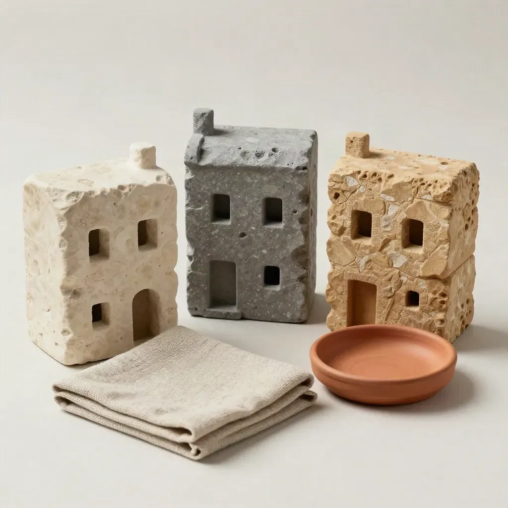 Trois façades miniatures en pierre, lin plié et soucoupe en terre cuite sur fond clair.