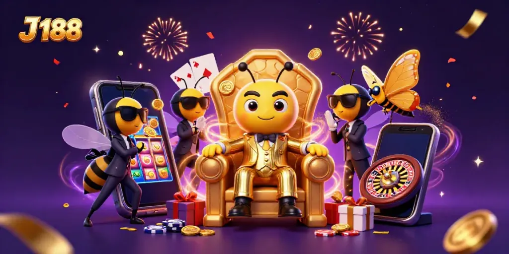Experience thrilling gaming at J 188 with an energetic casino scene featuring animated characters and vibrant elements.