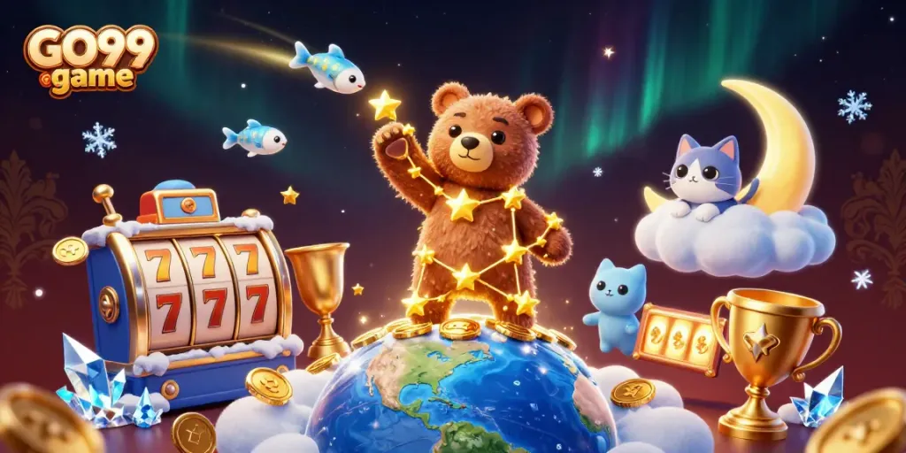 Engage in the GO99 game with exciting slot reels and a vibrant celebration of gaming.