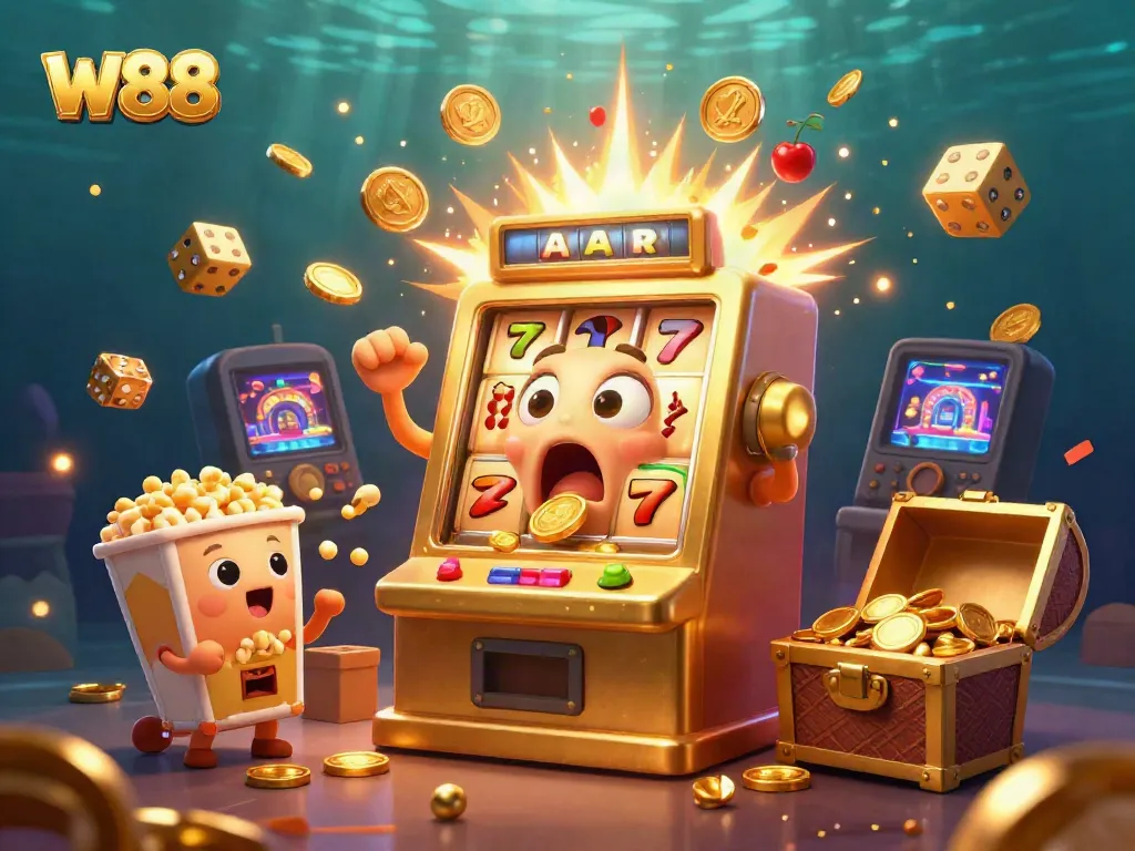 W88 celebrates a big slot winning moment as a golden slot machine pours coins, surrounded by cheerful companions and games.