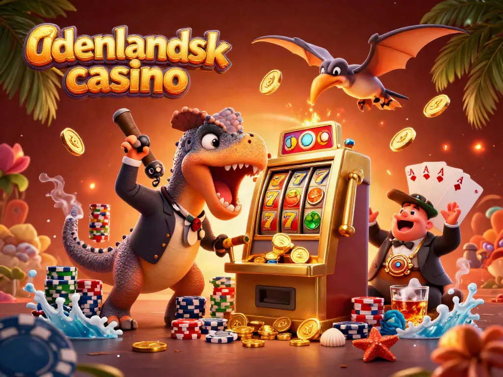 Win big at udenlandsk casino as a cartoon dinosaur hits a jackpot on a slot machine.