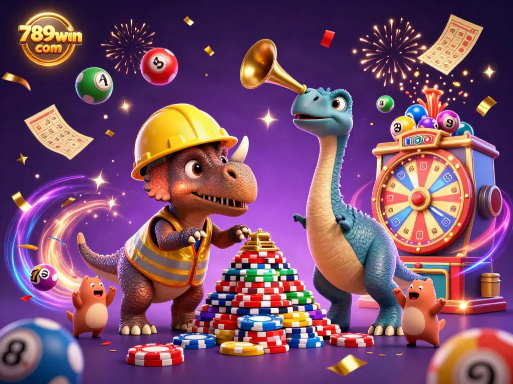 Experience excitement with 789win com in this vibrant 3D casino scene filled with cheer and game elements.