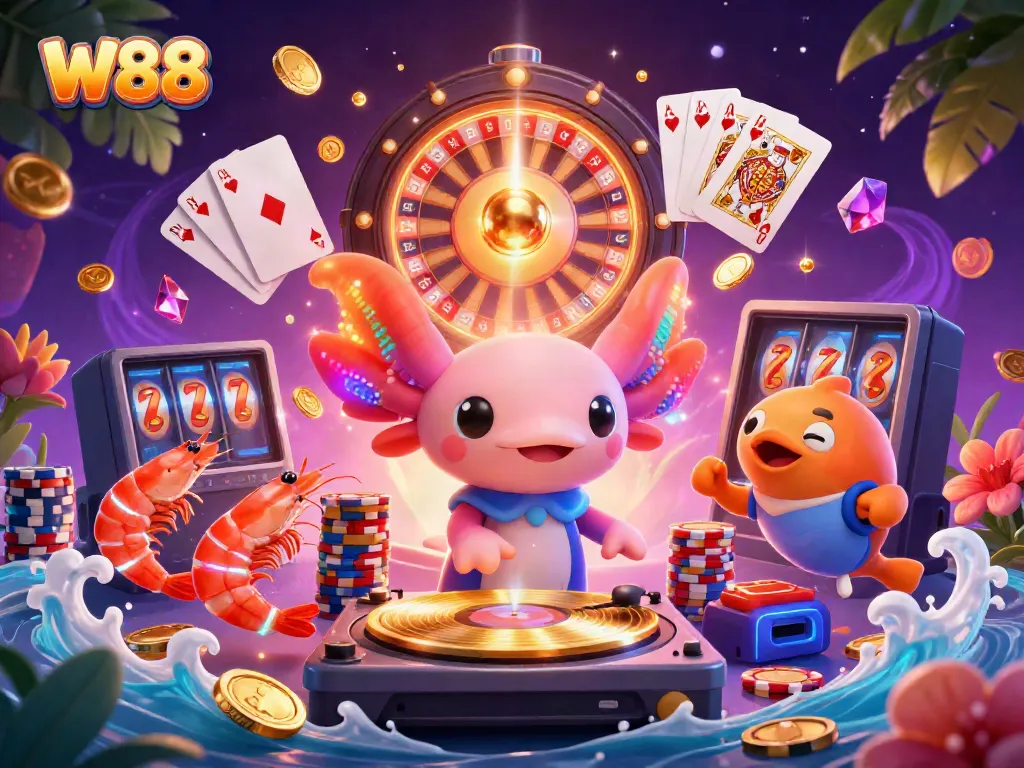 Experience lively casino games with W88 featuring an axolotl DJ and vibrant underwater scene.