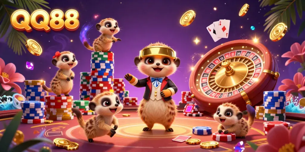 Experience the excitement of QQ88 with colorful meerkats managing a bustling casino, surrounded by coins and gems.