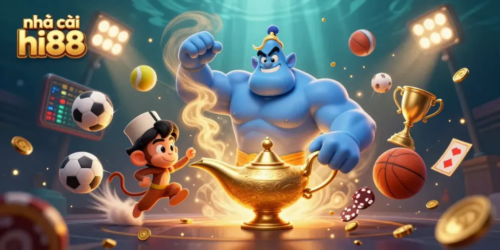 Engage with nhà cái hi88 through a vibrant 3D casino scene highlighting a magical genie and dynamic sports elements.