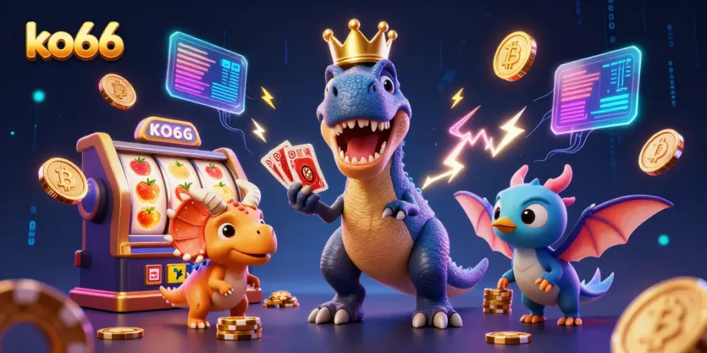 Engage with savings on ko66 while a T-Rex and friends shuffle cards and stack chips in a casino scene.