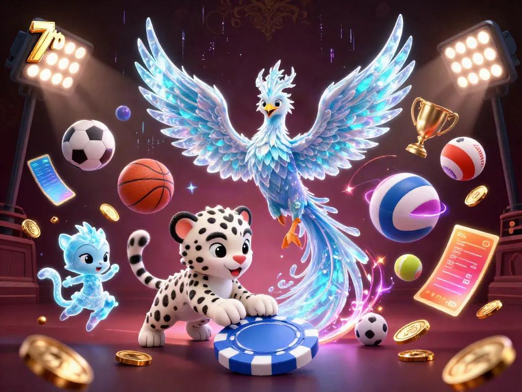 Engaging scene showcasing an ice phoenix and snow leopard with sports elements representing 7m.