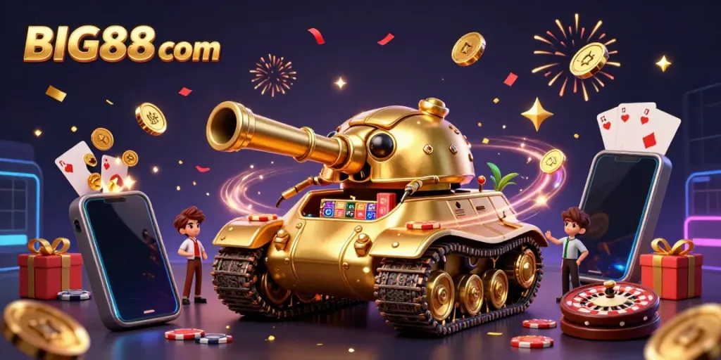 Spin and win at BIG88 com as a golden beetle tank reveals a miniature casino, surrounded by vibrant gaming elements.