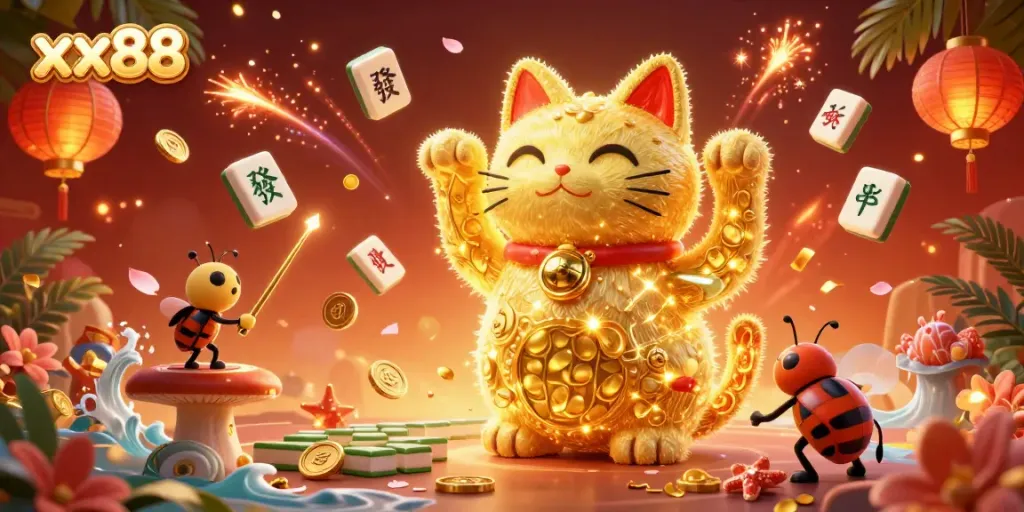 Experience the charming charm of xx88 with a lucky cat and conductor beetle in a vibrant casino scene.