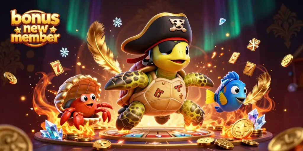 Engage in thrilling gameplay with bonus new member at an online casino, featuring vibrant characters and gold coins.
