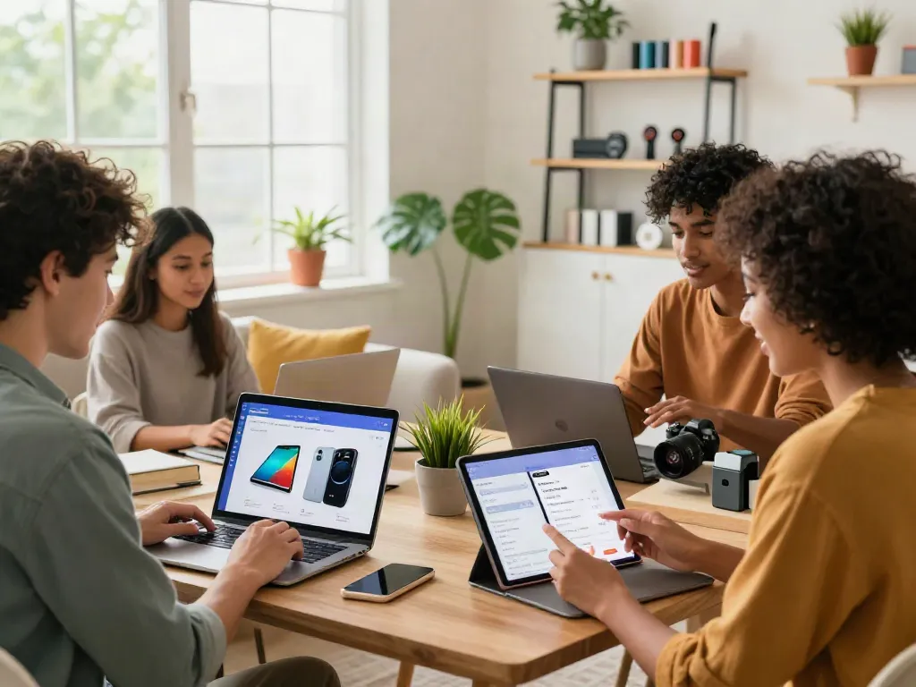 Expérience de shopping en ligne sur sanumstore, clients comparant des produits dans un espace moderne.