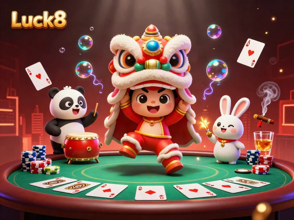 Experience thrilling gambling action at Luck8 with vibrant characters and dynamic poker scene.
