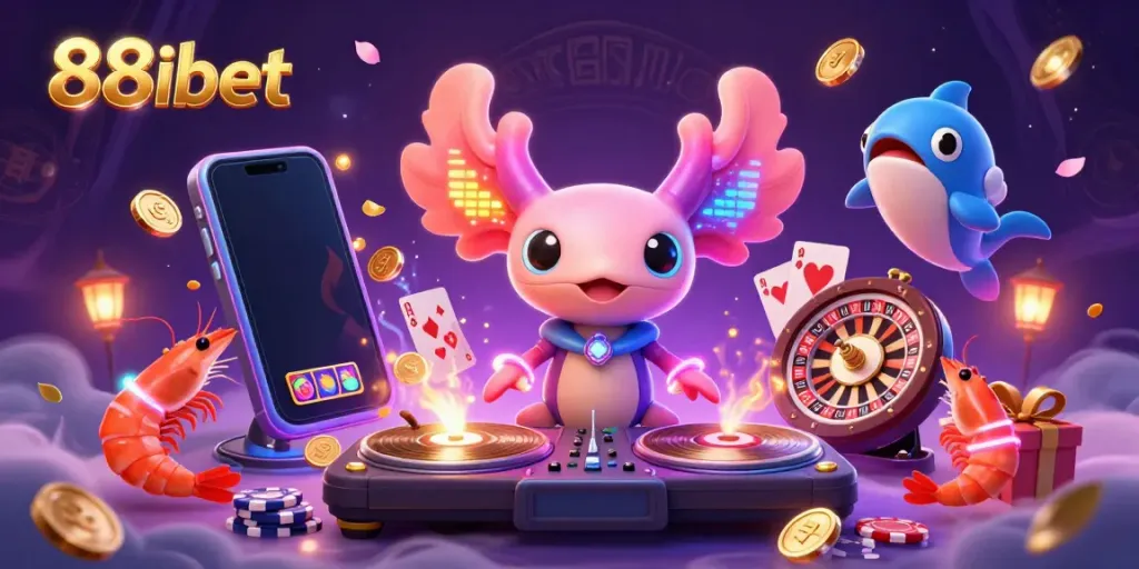 Engage with the vibrant scene of 88ibet featuring a neon-colored axolotl DJ amidst a casino atmosphere.