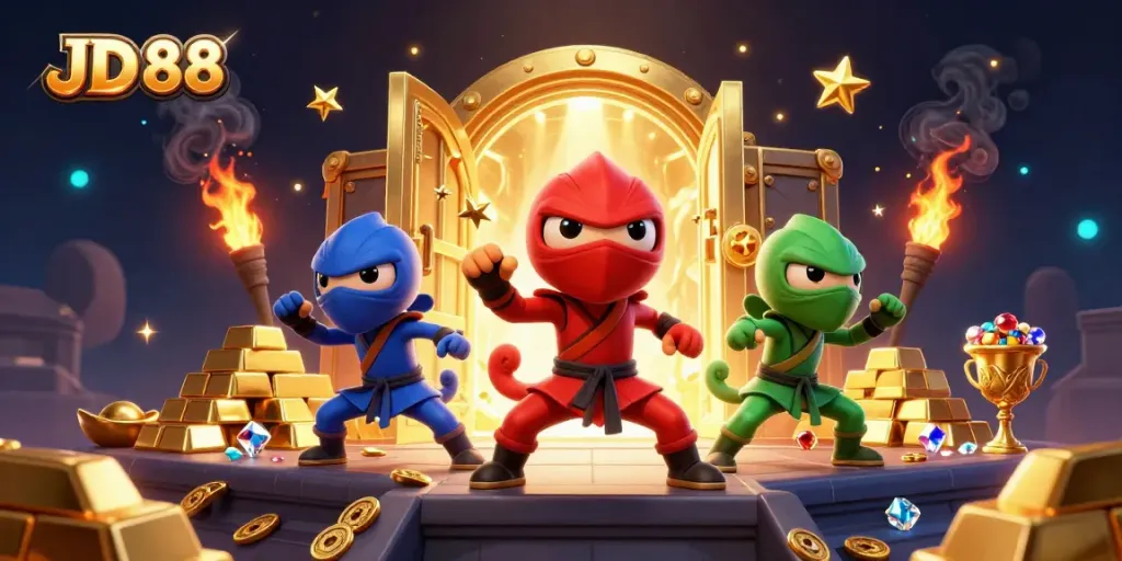 Experience the vibrant JD 88 casino world with ninja chameleons amidst gold treasures!