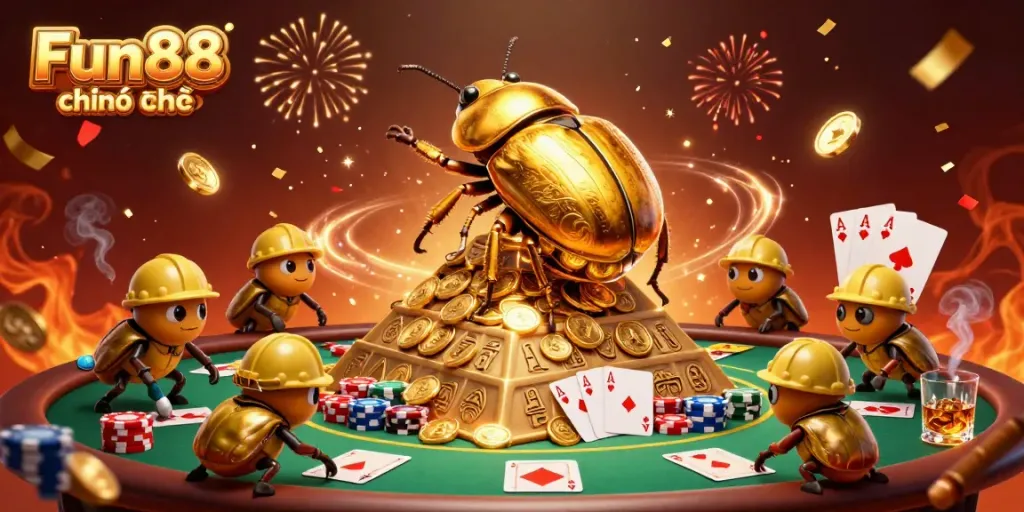 Experience thrilling gameplay with Fun88 chính thức as a golden dung beetle rolls coins amidst an exciting casino scene.