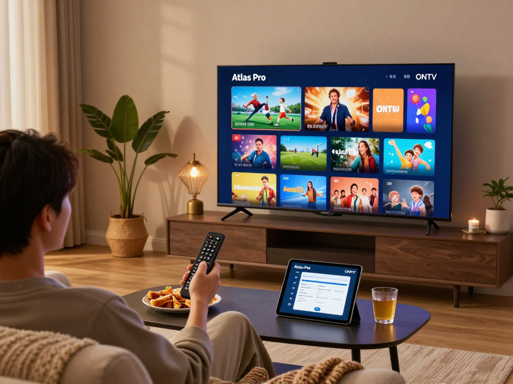 Profitez d'une expérience de divertissement avec atlas pro sur Smart TV dans un salon moderne.