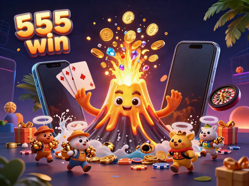 Experience the thrill of 555 win with vibrant coins, games, and treasures in an immersive casino scene.