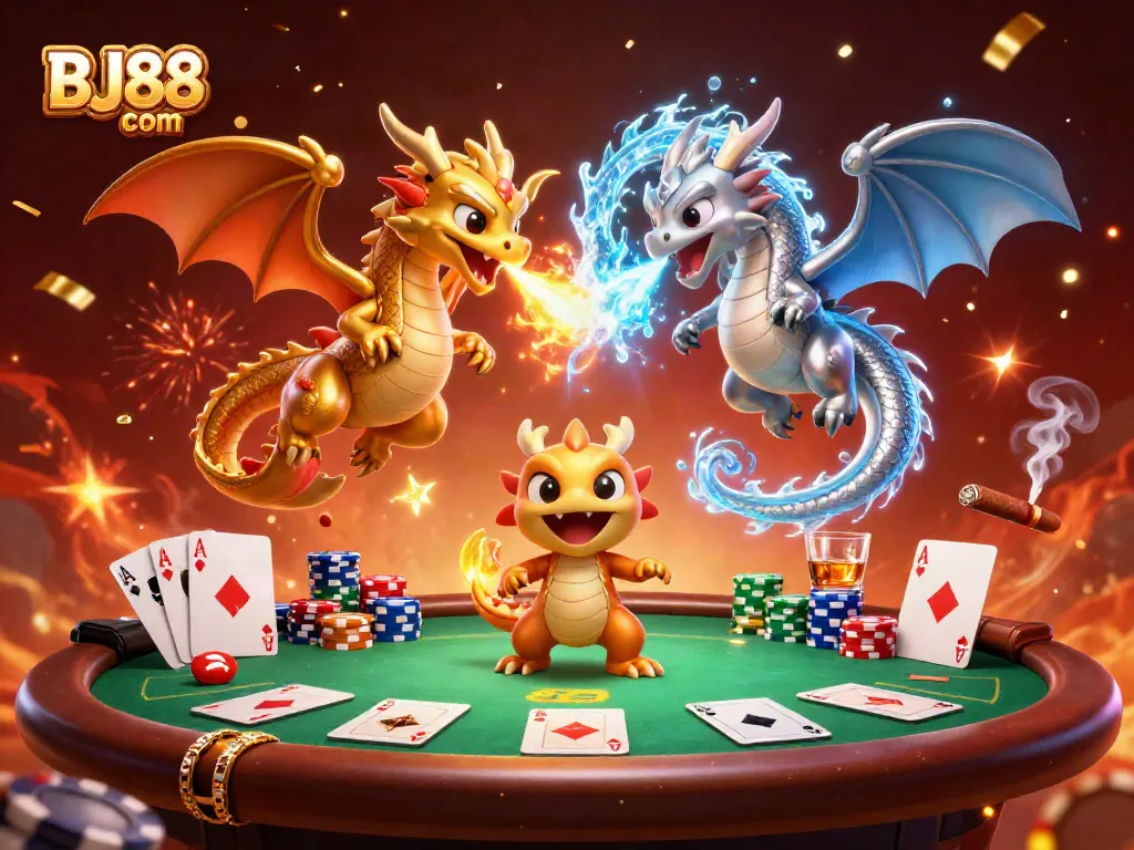 Experience exhilarating gaming with BJ88 com in a vibrant, dynamic 3D casino scene featuring dragons and poker elements.
