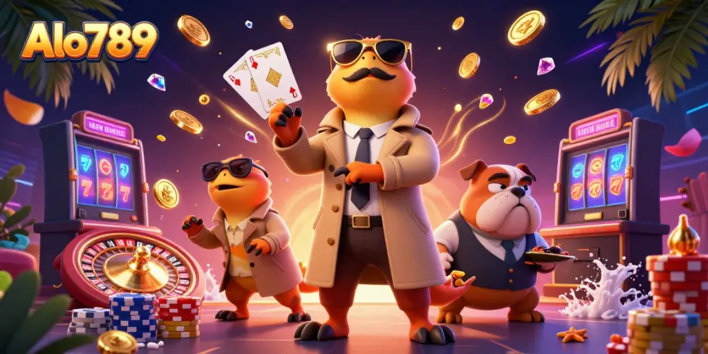 Alo789 showcases a fun scene with raptors creatively attempting to enter a VIP casino lounge.