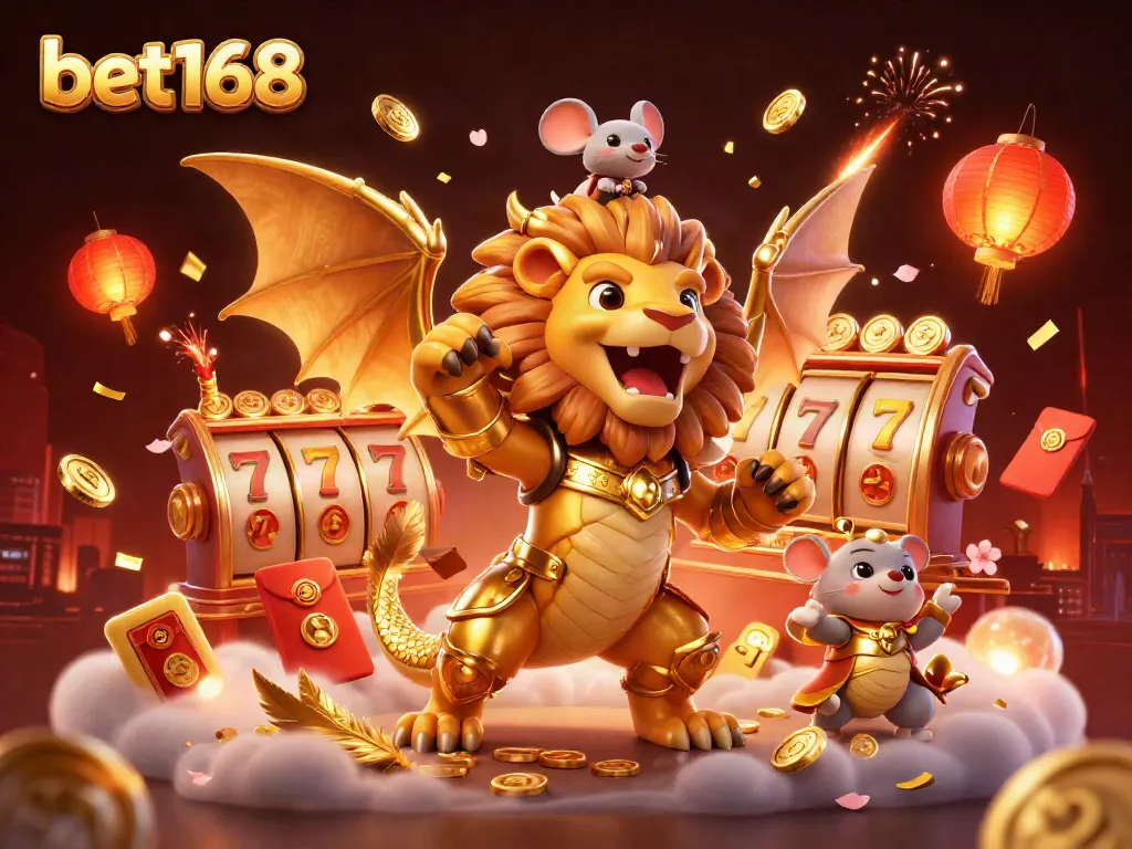 Experience thrilling gameplay with bet168 in a vibrant casino universe featuring golden chimera and lucky symbols.