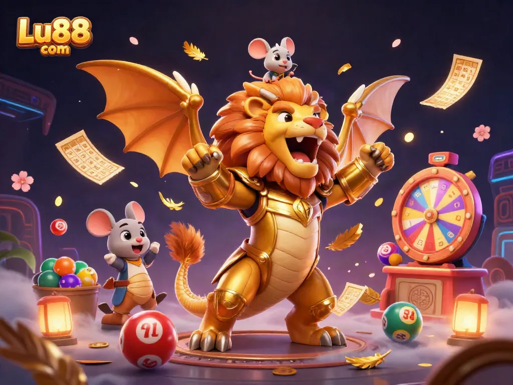 Experience the thrill of Lu88 com with a dynamic casino scene featuring a roaring chimera and vibrant lottery elements.