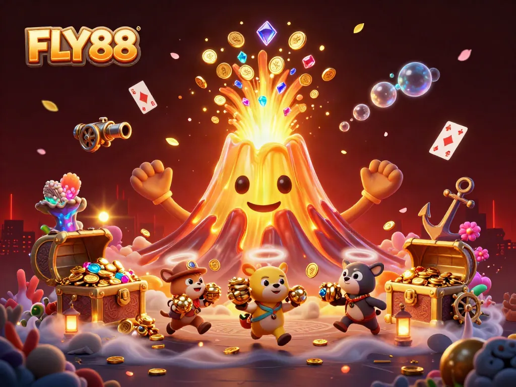 FLY88 gaming scene with a golden volcano showering treasure, lively cartoon animals, and casino elements.