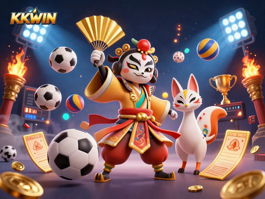 KKWIN showcases exciting sports betting: a kabuki warrior and kitsune mask with dynamic betting elements.